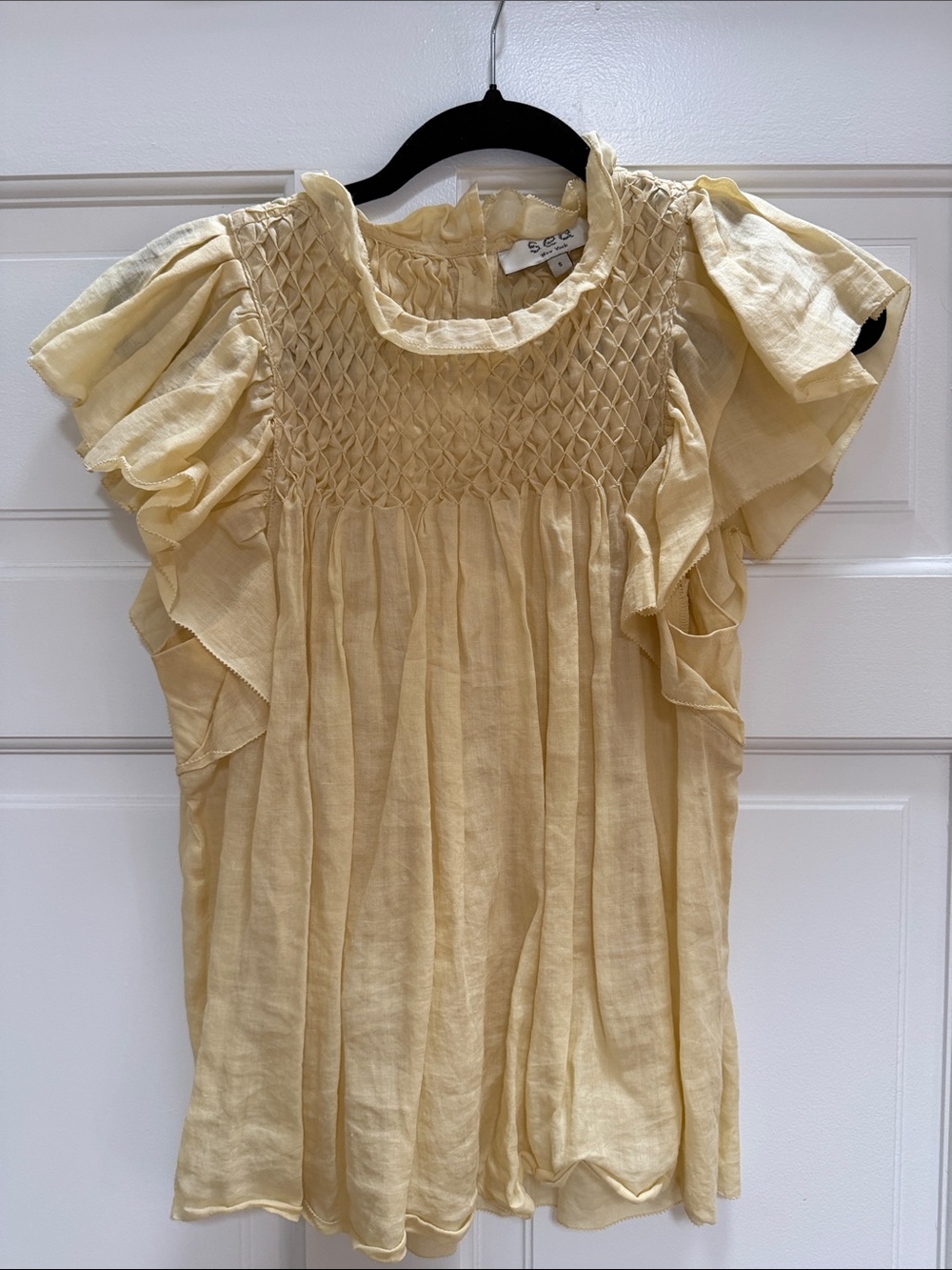 Sea New York Pale Yellow Smocked Flutter Sleeve Dress